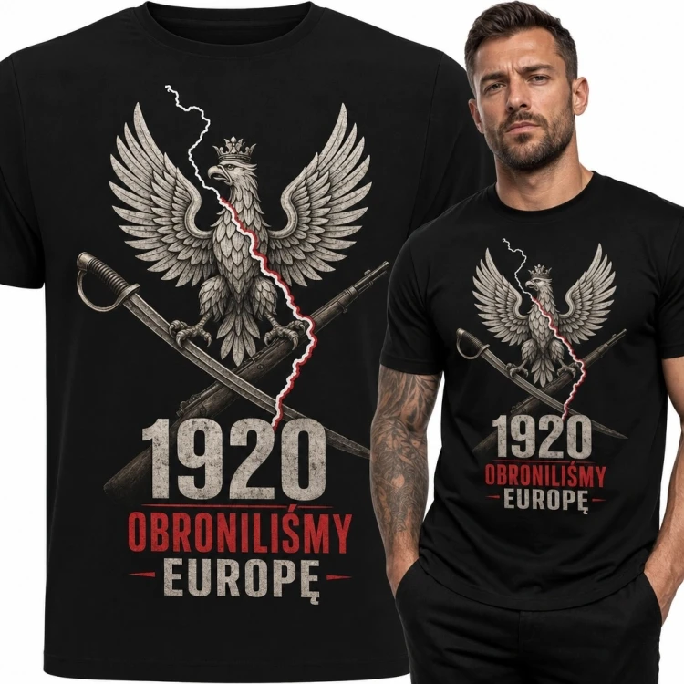 Koszulka męska patriotyczna z orłem i szablami „1920 obroniliśmy Europę”