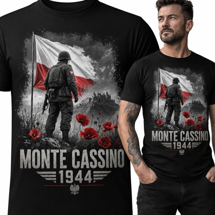 Koszulka męska patriotyczna „Monte Cassino 1944” - żołnierz, polska flaga i czerwone maki