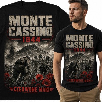 Koszulka męska z nadrukiem „Monte Cassino 1944” - czerwone maki