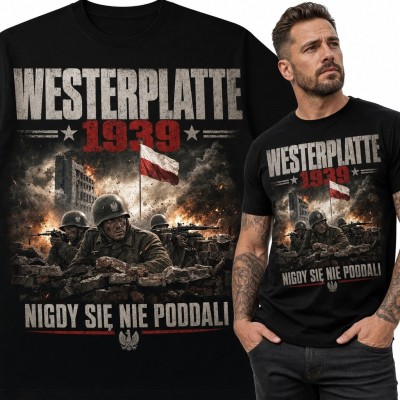 Koszulka męska „Westerplatte 1939” - obrońcy wśród ruin i wybuchów