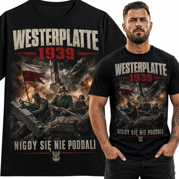 Koszulka męska „Westerplatte 1939” - obrona placówki i hasło „Nigdy się nie poddali”
