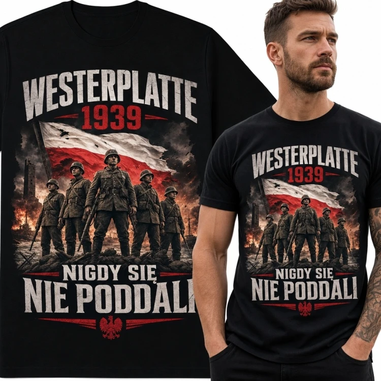 Koszulka męska „Westerplatte 1939” - grupa żołnierzy na tle biało-czerwonej flagi