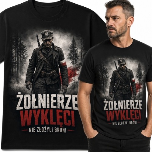 Koszulka męska „Żołnierze Wyklęci” - żołnierz w lesie i hasło „Nie złożyli broni”