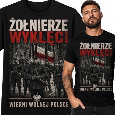 Koszulka męska patriotyczna „Żołnierze Wyklęci” - żołnierze w lesie i polska flaga