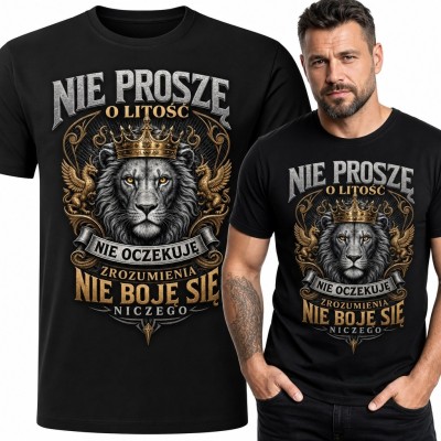 Koszulka męska z lwem w koronie „Nie proszę o litość / nie boję się niczego” - heraldyczny wzór