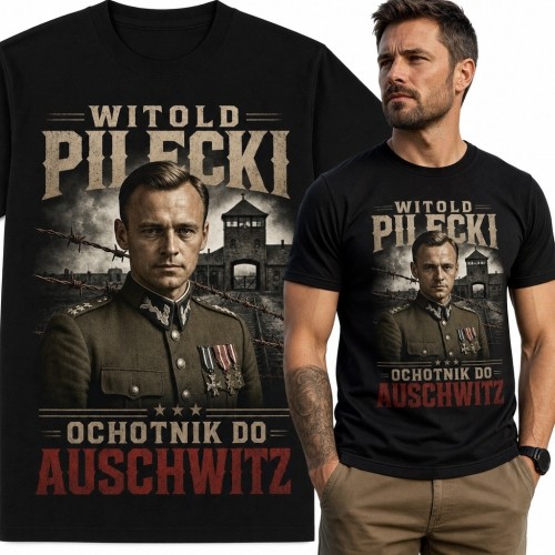 Koszulka męska z portretem Witolda Pileckiego - „Ochotnik do Auschwitz”