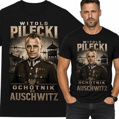 Koszulka męska patriotyczna z Witoldem Pileckim „Ochotnik do Auschwitz”