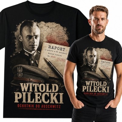 Koszulka męska z historycznym kolażem „Witold Pilecki” - „Ochotnik do Auschwitz”