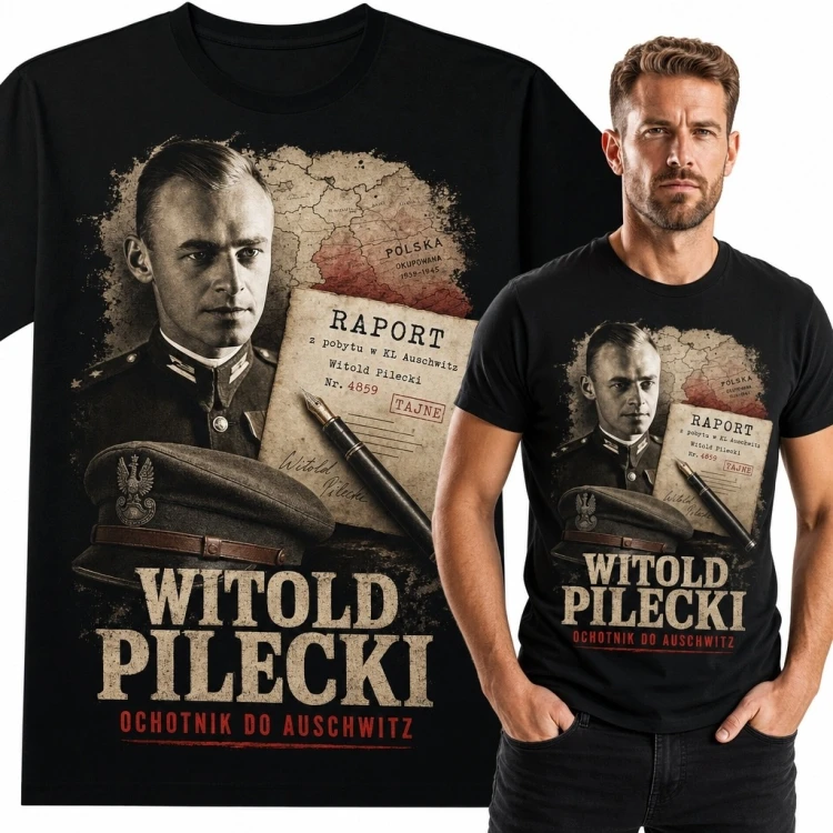 Koszulka męska z historycznym kolażem „Witold Pilecki” - „Ochotnik do Auschwitz”