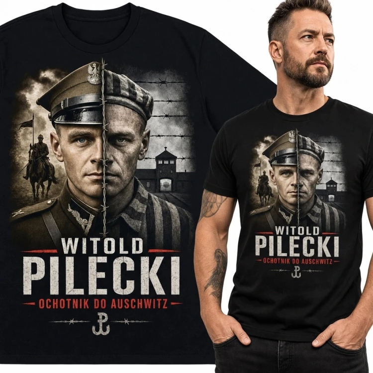 Koszulka męska patriotyczna z portretem Witolda Pileckiego - „Ochotnik do Auschwitz”