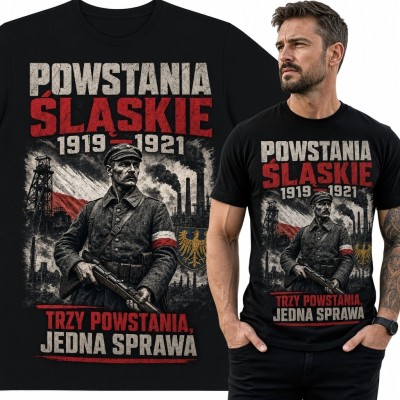 Koszulka męska „Powstania Śląskie” - powstaniec i hasło „Trzy powstania, jedna sprawa”
