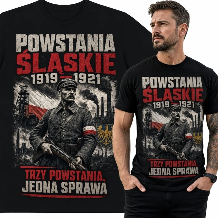 Koszulka męska „Powstania Śląskie” - powstaniec i hasło „Trzy powstania, jedna sprawa”