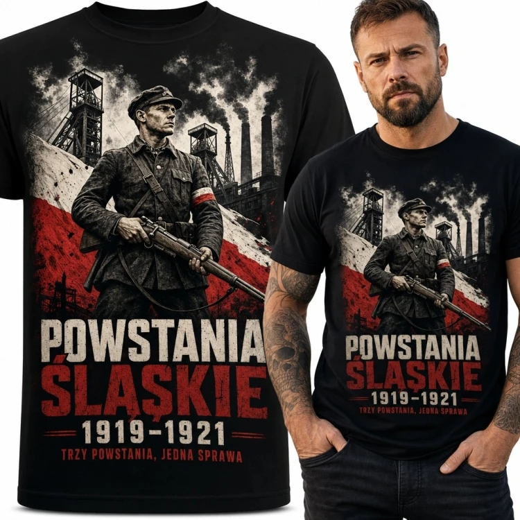 Koszulka męska „Powstania Śląskie” 1919-1921 - powstaniec na tle Górnego Śląska