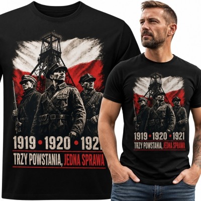Koszulka męska patriotyczna z powstańcami śląskimi „Trzy powstania, jedna sprawa” - wzór historyczny