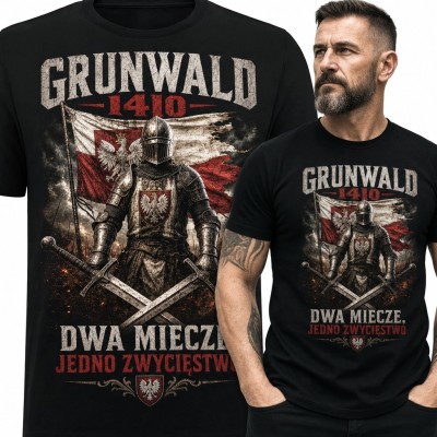 Koszulka męska patriotyczna z rycerzem „Grunwald 1410” - dwa miecze