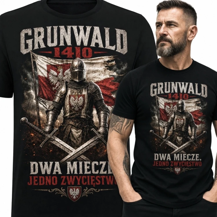 Koszulka męska patriotyczna z rycerzem „Grunwald 1410” - dwa miecze