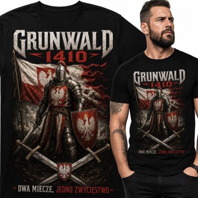 Koszulka męska patriotyczna „Grunwald 1410” - rycerz i dwa miecze