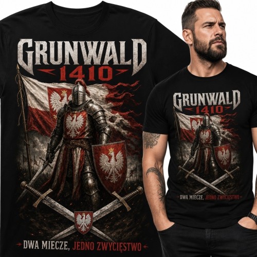 Koszulka męska patriotyczna „Grunwald 1410” - rycerz i dwa miecze