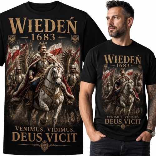 Koszulka męska z Janem III Sobieskim i husarią „Wiedeń 1683” - „Venimus, vidimus, Deus vicit”