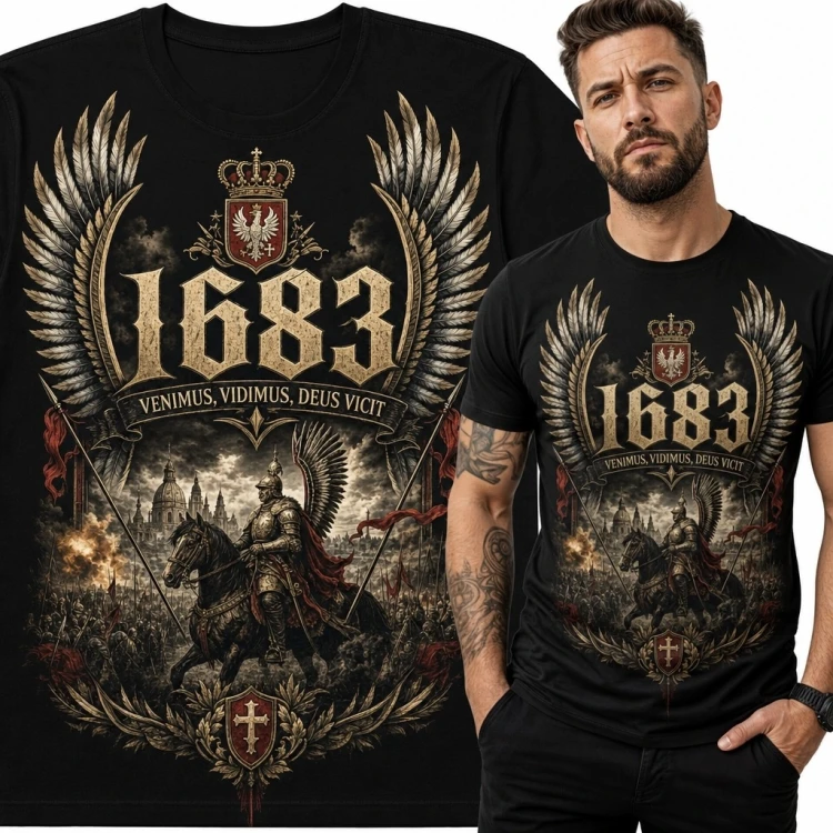 Koszulka męska z husarzem, orłem i napisem „1683” - patriotyczny motyw historyczny