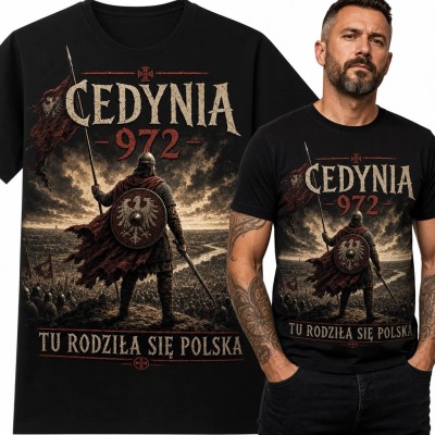 Koszulka męska z bitwą pod Cedynią „Cedynia 972” - „Tu rodziła się Polska”