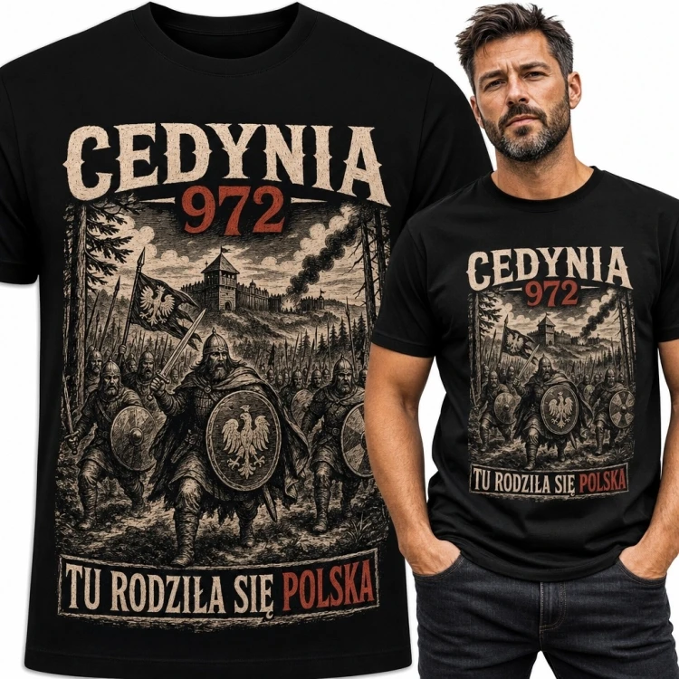 Koszulka męska patriotyczna z Bitwą pod Cedynią „Cedynia 972” - „Tu rodziła się Polska”