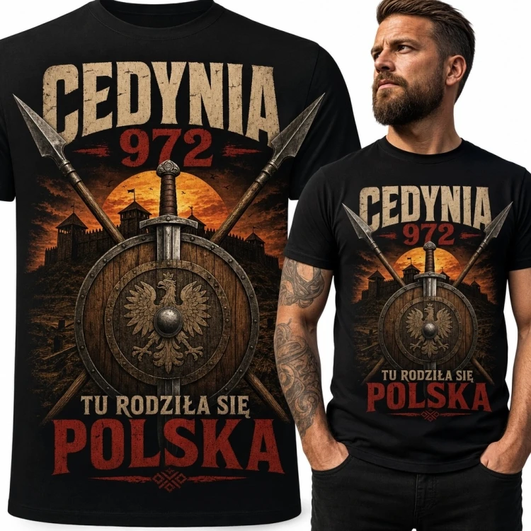 Koszulka męska patriotyczna „Cedynia 972” - „Tu rodziła się Polska”