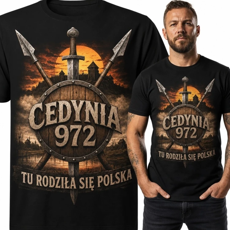 Koszulka męska Cedynia 972 z tarczą - „Tu rodziła się Polska”
