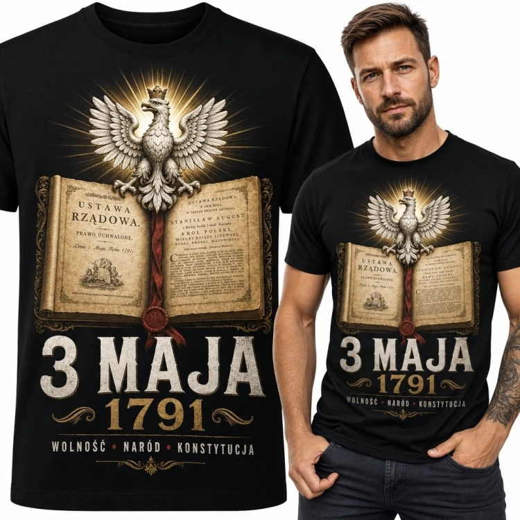 Koszulka męska patriotyczna z Orłem Białym i księgą „3 maja 1791” - Konstytucja 3 maja
