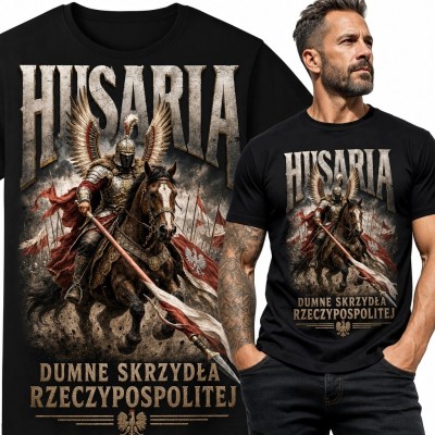 Koszulka męska z husarzem „Husaria - dumne skrzydła Rzeczypospolitej”