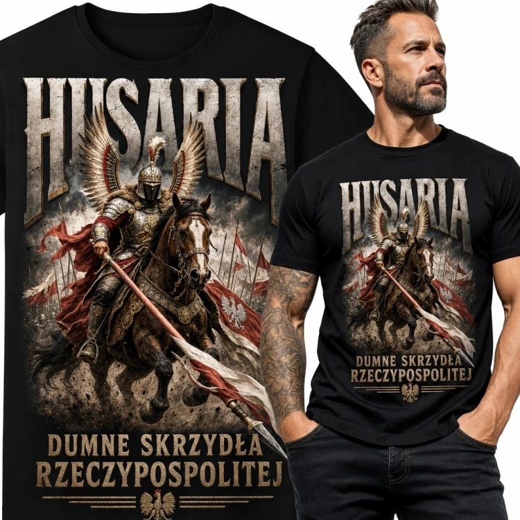 Koszulka męska z husarzem „Husaria - dumne skrzydła Rzeczypospolitej”