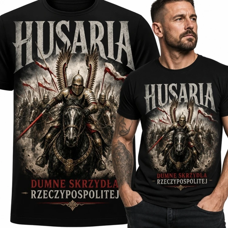 Koszulka męska z husarzem „Husaria” - „Dumne skrzydła Rzeczypospolitej”