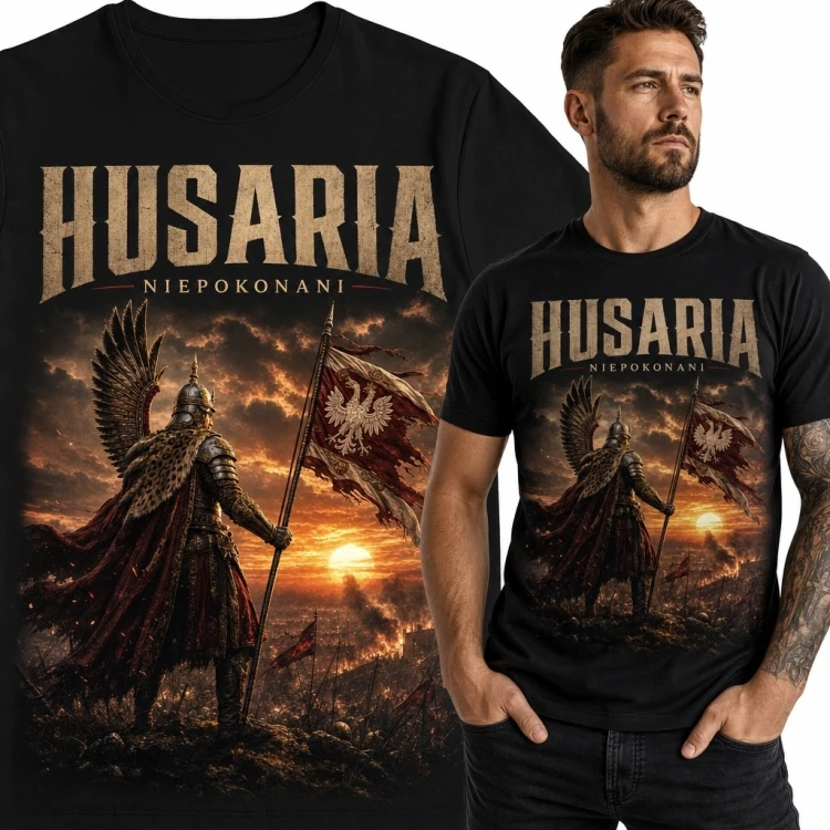 Koszulka męska z husarzem „Husaria Niepokonani”