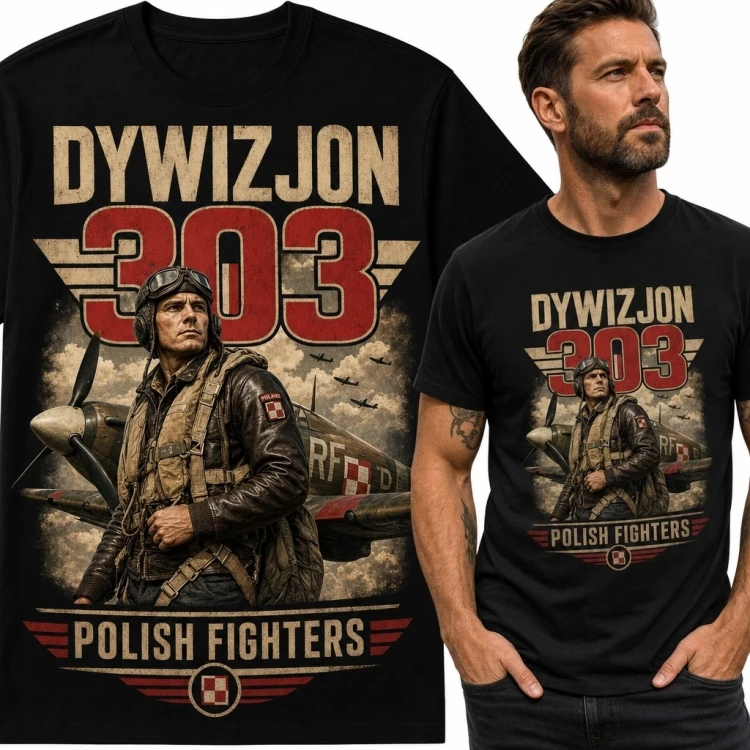 Koszulka męska z polskim pilotem i samolotami - „Dywizjon 303”