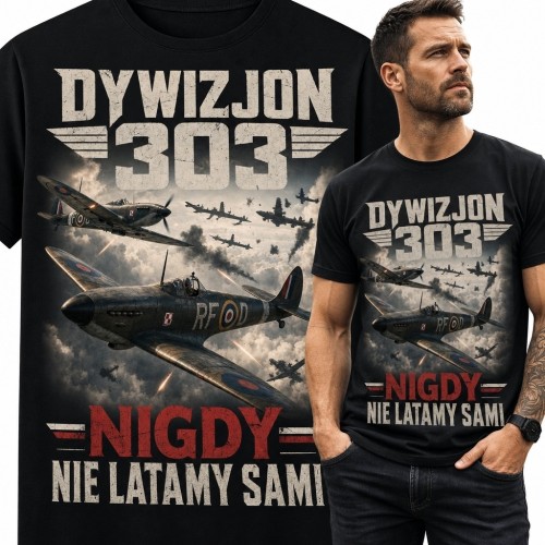 Koszulka męska z myśliwcami „Dywizjon 303” i hasłem „Nigdy nie latamy sami”