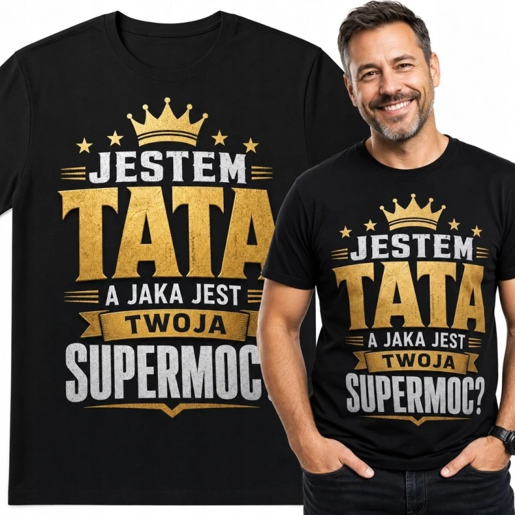 Koszulka męska dla taty „Jestem tatą, a jaka jest twoja supermoc?” - czarna z koroną