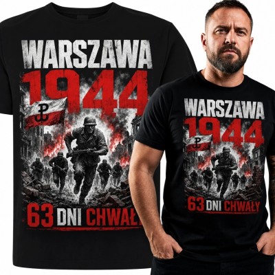 Koszulka męska „Warszawa 1944” - powstańcy w ruinach i symbol Polski Walczącej