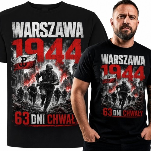 Koszulka męska „Warszawa 1944” - powstańcy w ruinach i symbol Polski Walczącej