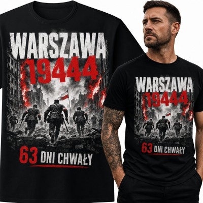 Koszulka męska „Warszawa 1944” - powstańcy, płonące miasto i biało-czerwone flagi