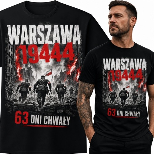 Koszulka męska „Warszawa 1944” - powstańcy, płonące miasto i biało-czerwone flagi