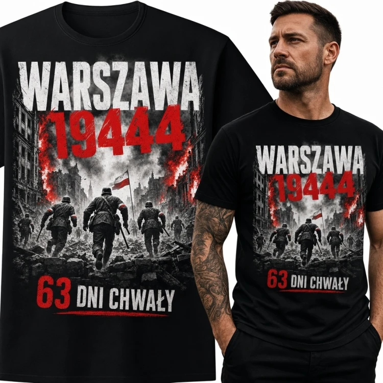 Koszulka męska „Warszawa 1944” - powstańcy, płonące miasto i biało-czerwone flagi