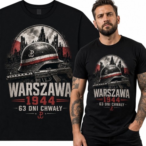 Koszulka męska „Warszawa 1944” - hełm ze znakiem Polski Walczącej i broń na tle ruin