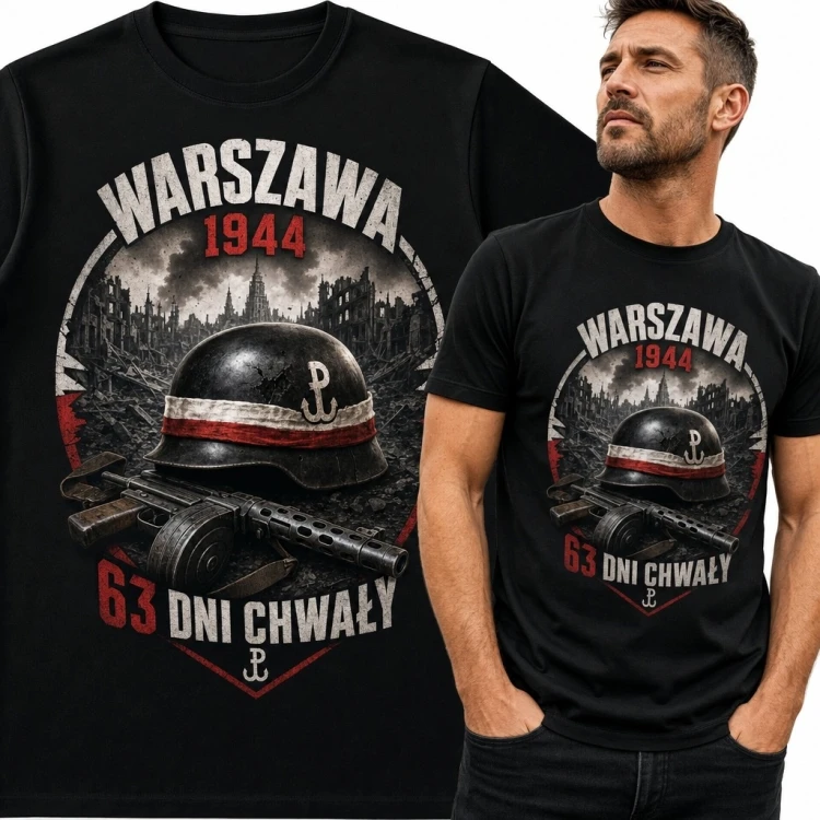 Koszulka męska z motywem Powstania Warszawskiego „Warszawa 1944 - 63 dni chwały”