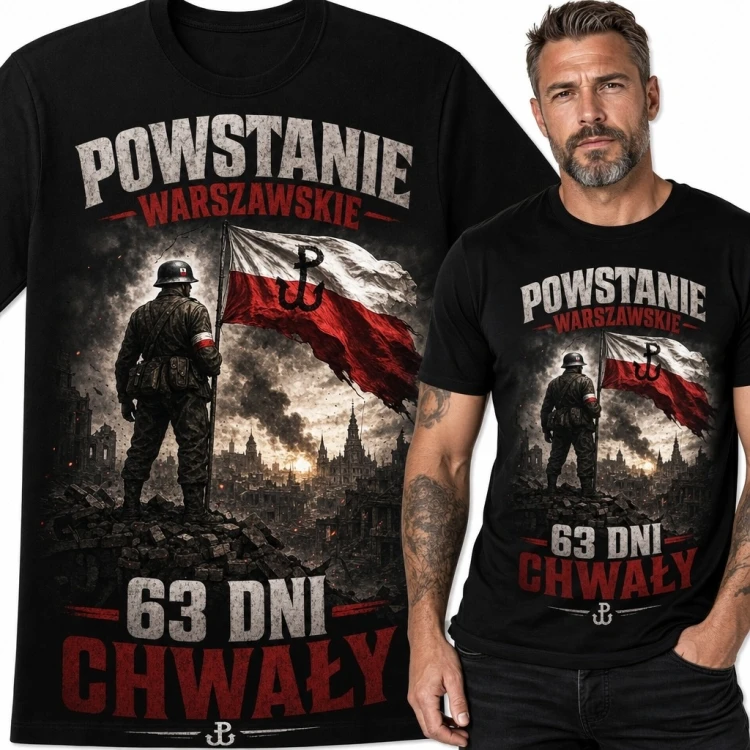 Koszulka męska „Powstanie Warszawskie” z powstańcem i kotwicą Polski Walczącej - 63 dni chwały