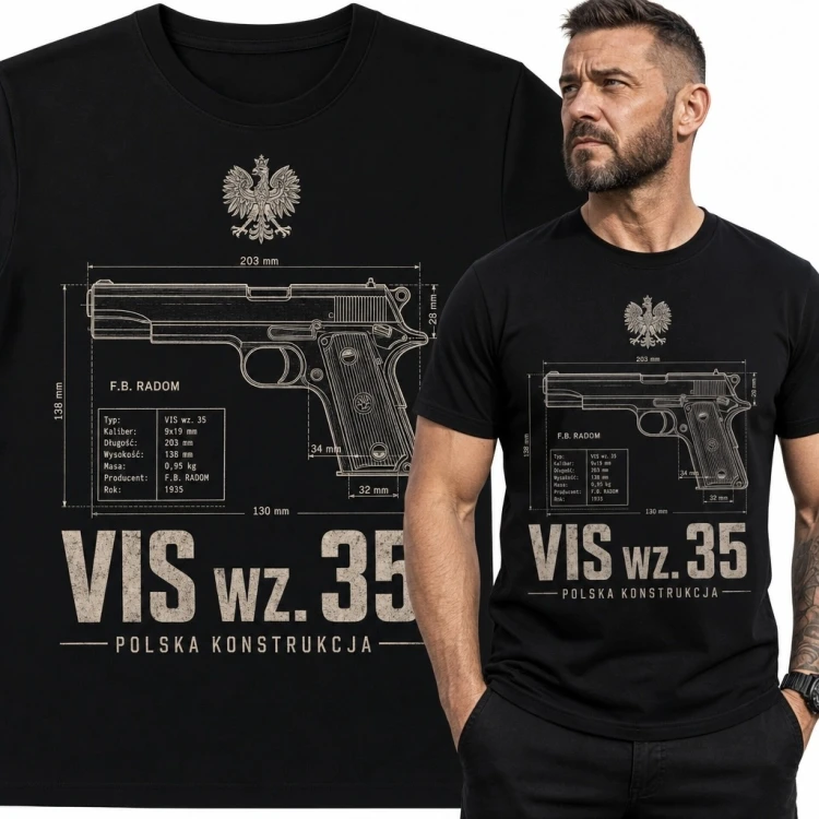 Koszulka męska z technicznym schematem pistoletu „VIS wz. 35” - „Polska konstrukcja”