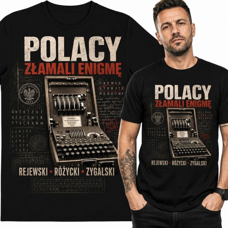 Koszulka męska z maszyną Enigma „Polacy złamali Enigmę” - polscy kryptolodzy