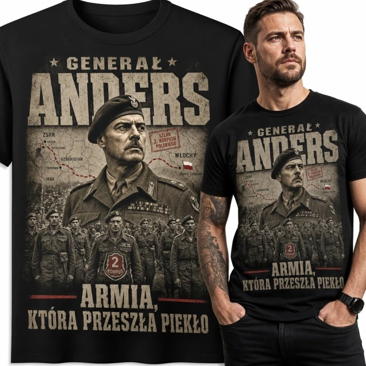 Koszulka męska z generałem Andersem i 2 Korpusem Polskim „Armia, która przeszła piekło” - wzór patriotyczny