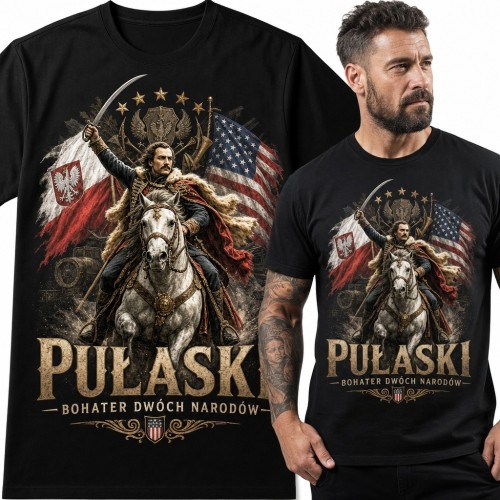 Koszulka męska z Kazimierzem Pułaskim - „Pulaski”, „Bohater dwóch narodów”