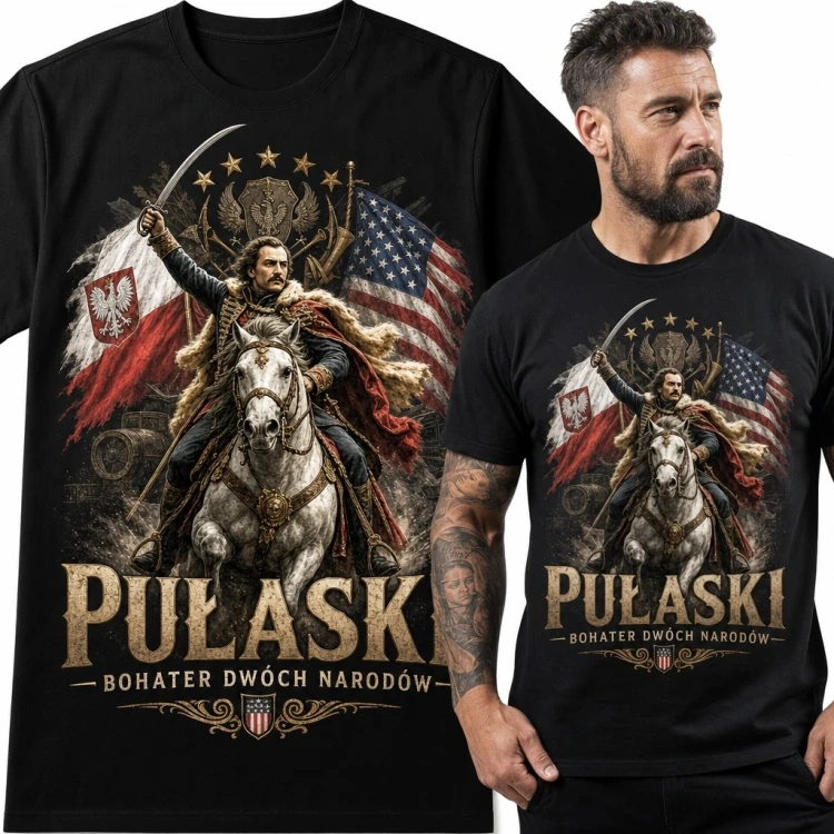 Koszulka męska z Kazimierzem Pułaskim - „Pulaski”, „Bohater dwóch narodów”