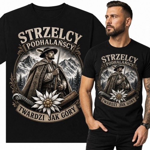 Koszulka męska „Strzelcy Podhalańscy” - Tatry, szarotka i hasło „Twardzi jak góry”